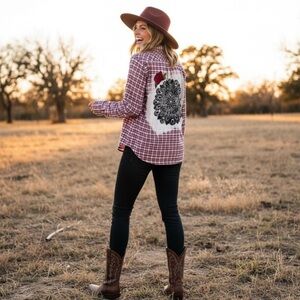 Upcycled J. Crew Red White Flannel Shirt stencil bleach appliqués pin sz large